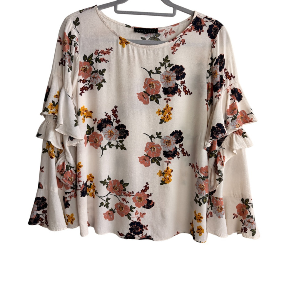 Sanctuary Cream Floral Tiered Ruffle Bell Sleeve Top Cottagecore Women's Small